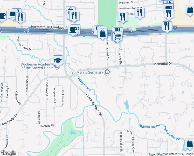 map of restaurants, bars, coffee shops, grocery stores, and more near 602 Timber Terrace Road in Houston