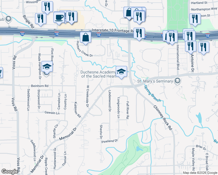 map of restaurants, bars, coffee shops, grocery stores, and more near 730 East Creekside Drive in Houston