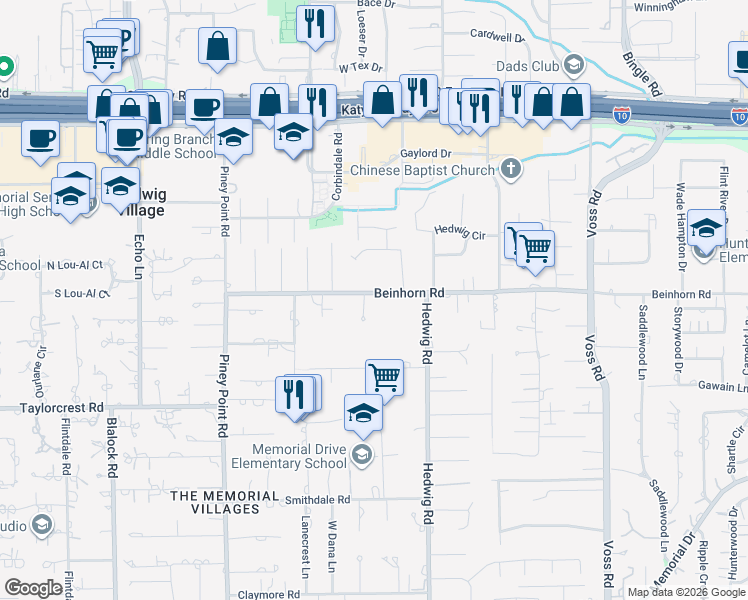 map of restaurants, bars, coffee shops, grocery stores, and more near 11118 Beinhorn Road in Houston