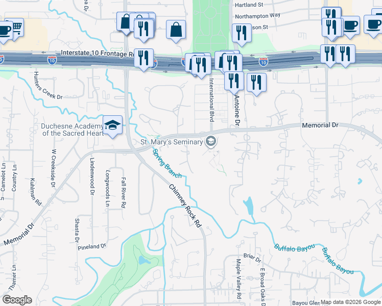 map of restaurants, bars, coffee shops, grocery stores, and more near 602 Timber Terrace Road in Houston