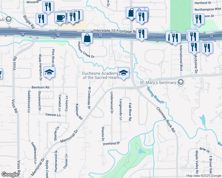 map of restaurants, bars, coffee shops, grocery stores, and more near 730 East Creekside Drive in Houston