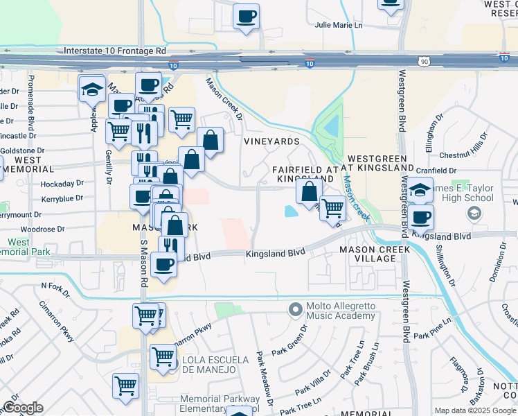 map of restaurants, bars, coffee shops, grocery stores, and more near Mason Park Boulevard in Houston