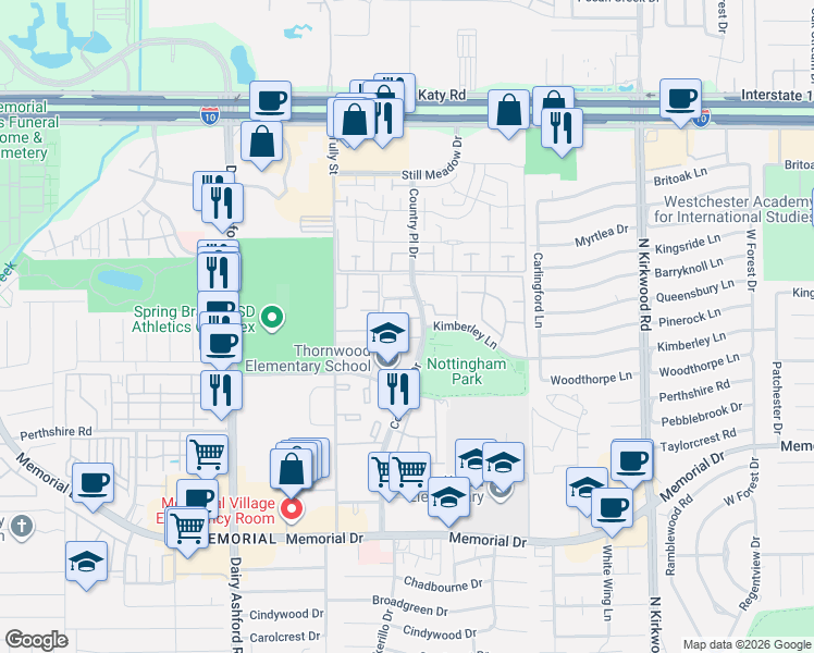 map of restaurants, bars, coffee shops, grocery stores, and more near 1015 Country Place Drive in Houston