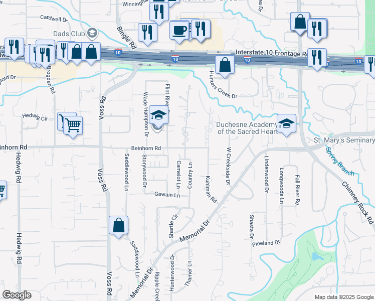 map of restaurants, bars, coffee shops, grocery stores, and more near 10529 Beinhorn Road in Houston