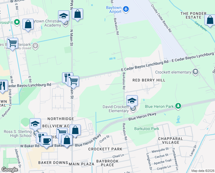 map of restaurants, bars, coffee shops, grocery stores, and more near 623 Barkaloo Road in Baytown