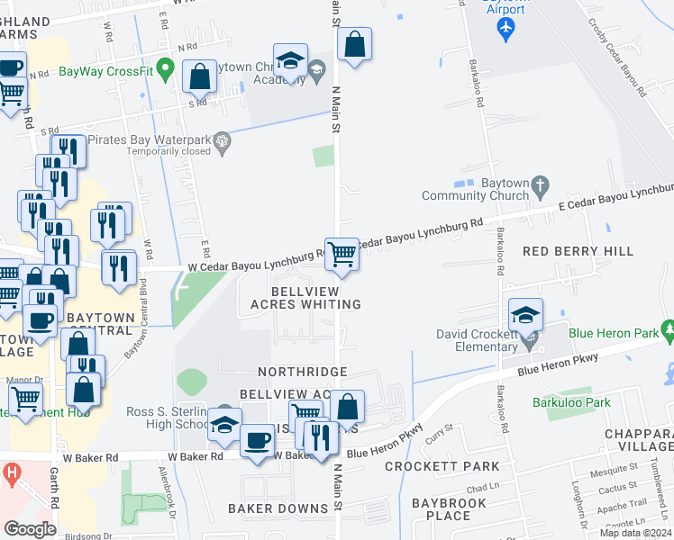 map of restaurants, bars, coffee shops, grocery stores, and more near 40 East Cedar Bayou Lynchburg Road in Baytown