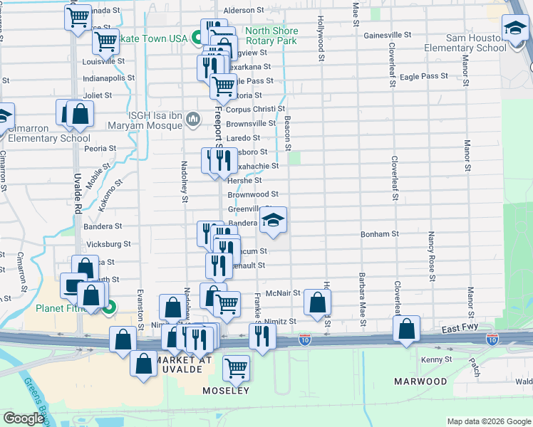map of restaurants, bars, coffee shops, grocery stores, and more near 14031 1/2 Greenville Street in Houston