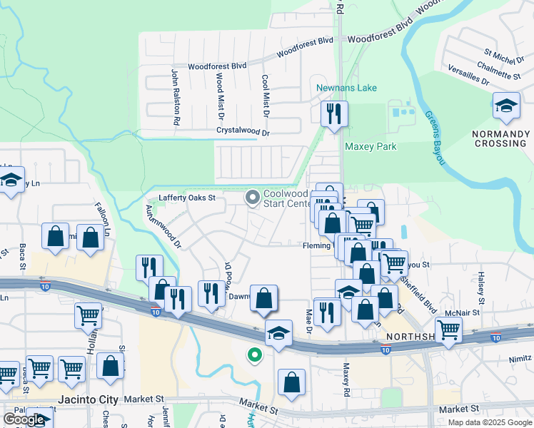 map of restaurants, bars, coffee shops, grocery stores, and more near 767 Coolwood Drive in Houston