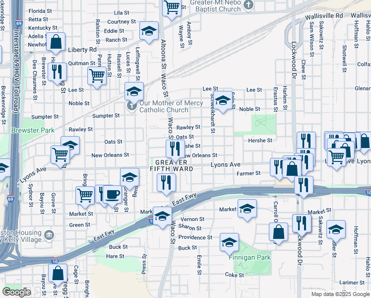 map of restaurants, bars, coffee shops, grocery stores, and more near 1817 Dan Street in Houston