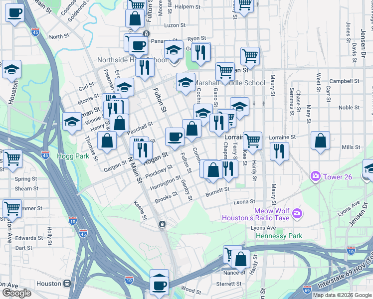 map of restaurants, bars, coffee shops, grocery stores, and more near 1203 Hogan Street in Houston