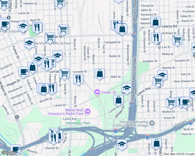 map of restaurants, bars, coffee shops, grocery stores, and more near 1813 West Street in Houston