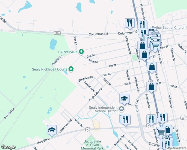 map of restaurants, bars, coffee shops, grocery stores, and more near 877 4th Street in Sealy