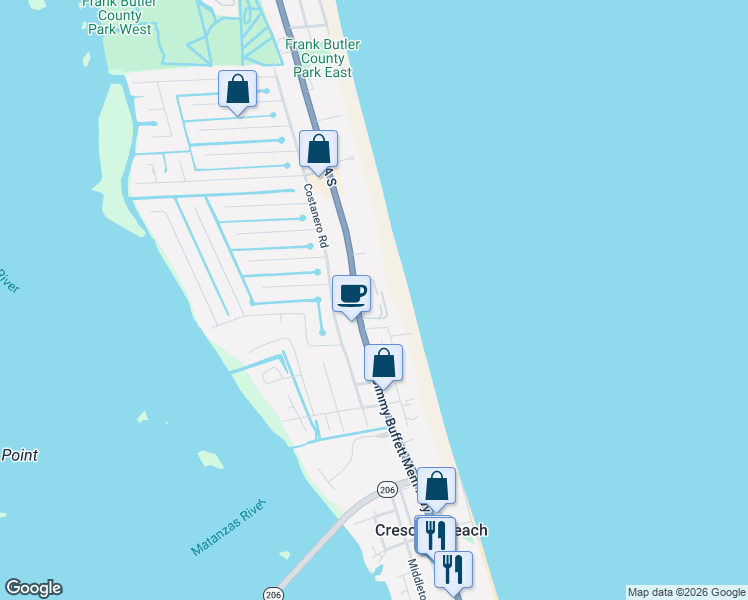 map of restaurants, bars, coffee shops, grocery stores, and more near 6300 A1A South in St. Augustine