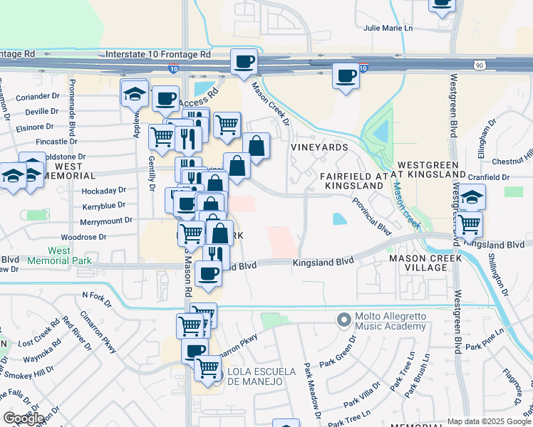 map of restaurants, bars, coffee shops, grocery stores, and more near 21727 Provincial Boulevard in Katy