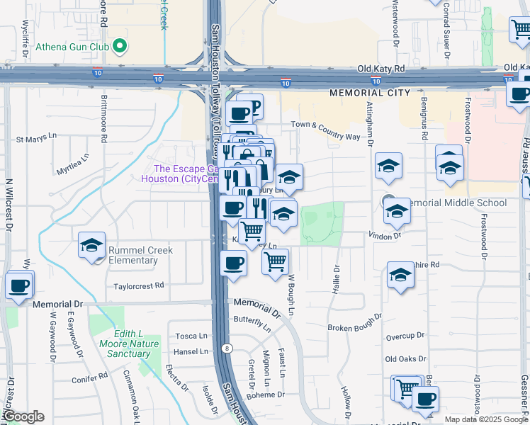 map of restaurants, bars, coffee shops, grocery stores, and more near 730 Town and Country Boulevard in Houston