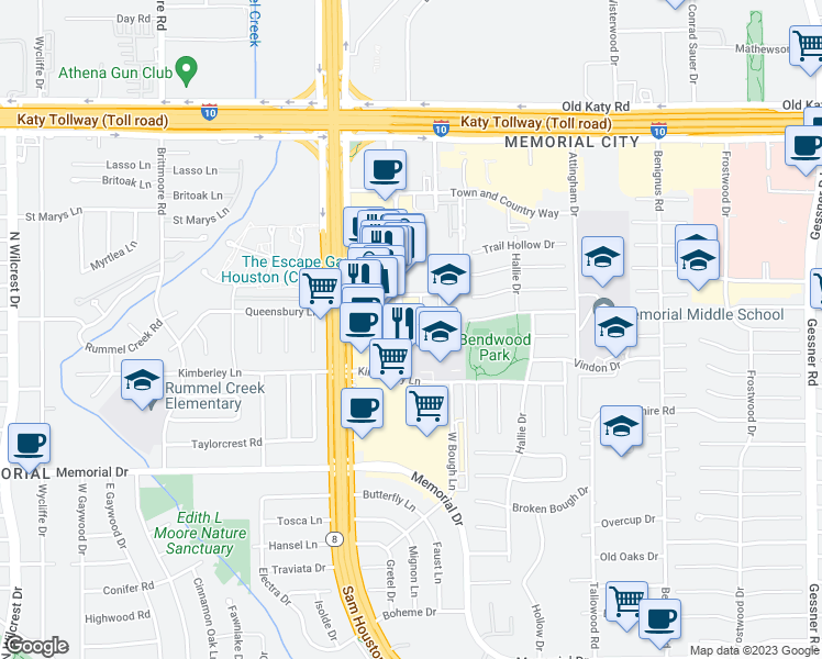map of restaurants, bars, coffee shops, grocery stores, and more near 730 Town and Country Boulevard in Houston