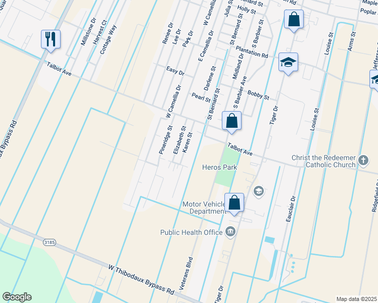 map of restaurants, bars, coffee shops, grocery stores, and more near 2409 Elizabeth Street in Thibodaux