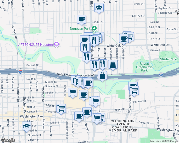 map of restaurants, bars, coffee shops, grocery stores, and more near 400 Yale Street in Houston