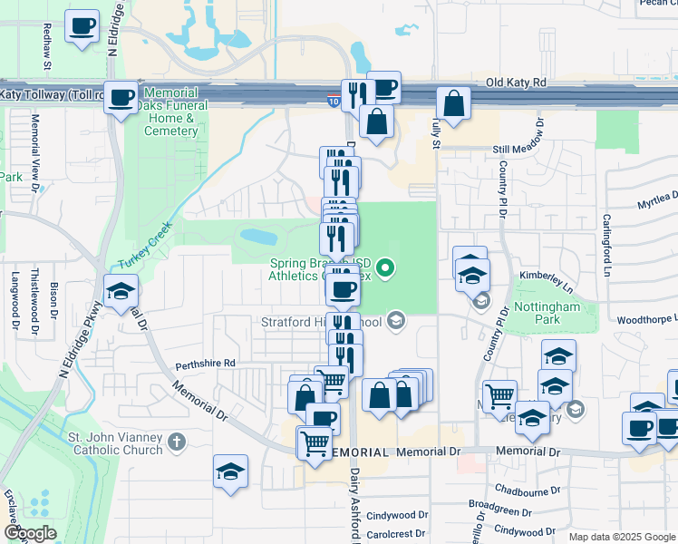 map of restaurants, bars, coffee shops, grocery stores, and more near 1003A Dairy Ashford Road in Houston