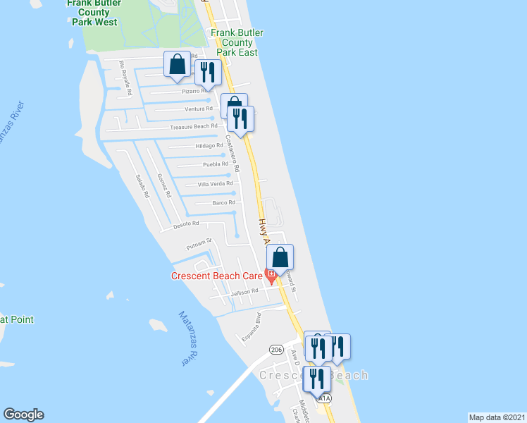 map of restaurants, bars, coffee shops, grocery stores, and more near 6300 A1A South in St. Augustine
