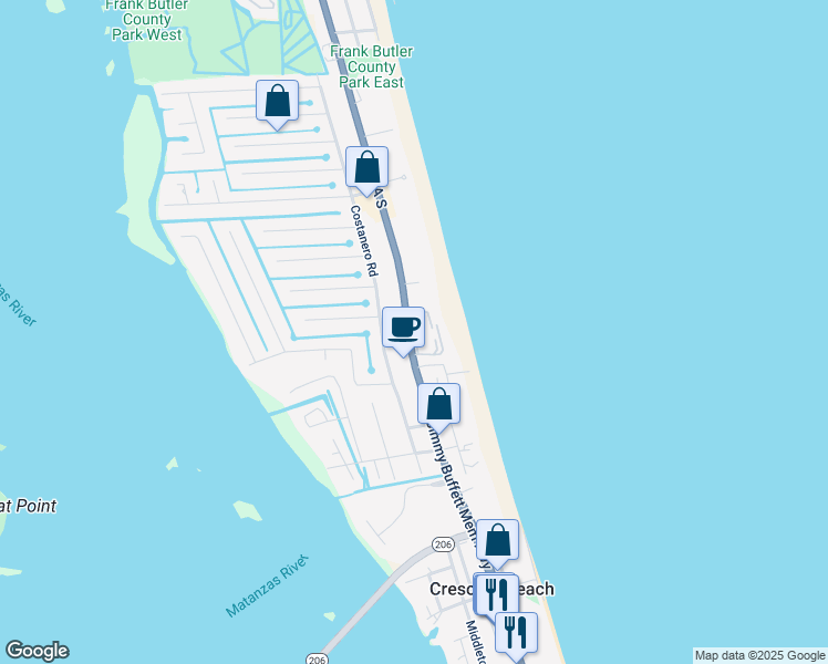 map of restaurants, bars, coffee shops, grocery stores, and more near 6300 A1A South in St. Augustine