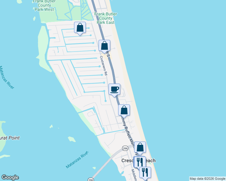 map of restaurants, bars, coffee shops, grocery stores, and more near 6288 Costanero Road in St. Augustine