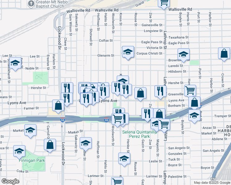 map of restaurants, bars, coffee shops, grocery stores, and more near 604 Woolworth Street in Houston