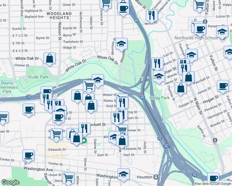 map of restaurants, bars, coffee shops, grocery stores, and more near 2308 Johnson Street in Houston