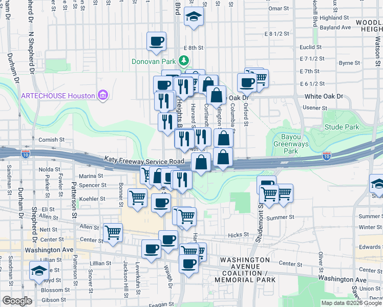 map of restaurants, bars, coffee shops, grocery stores, and more near 402 Heights Boulevard in Houston