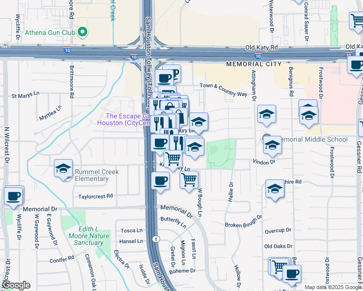 map of restaurants, bars, coffee shops, grocery stores, and more near 750 Town and Country Boulevard in Houston