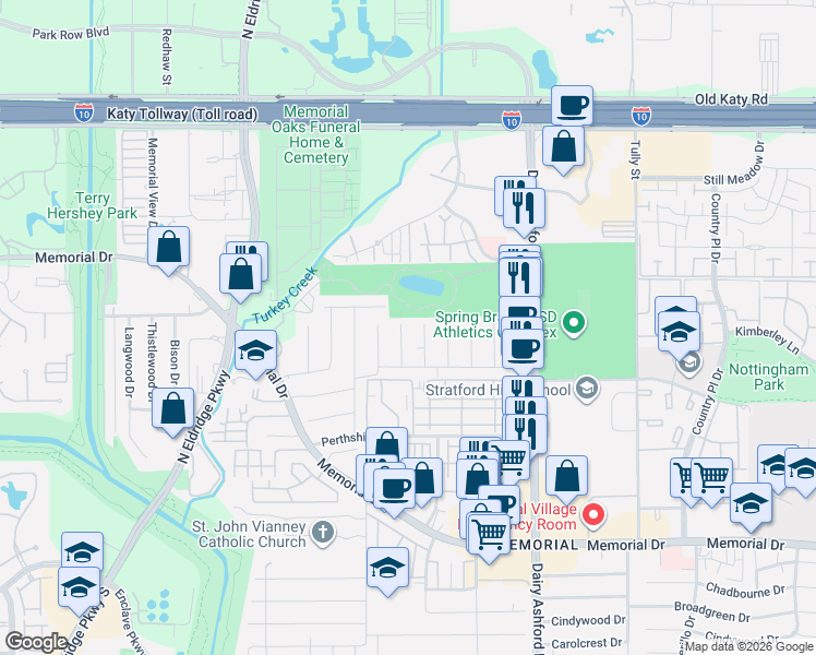 map of restaurants, bars, coffee shops, grocery stores, and more near 831 Greenbelt Drive in Houston