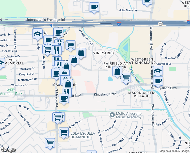 map of restaurants, bars, coffee shops, grocery stores, and more near 21601 Provincial Boulevard in Katy