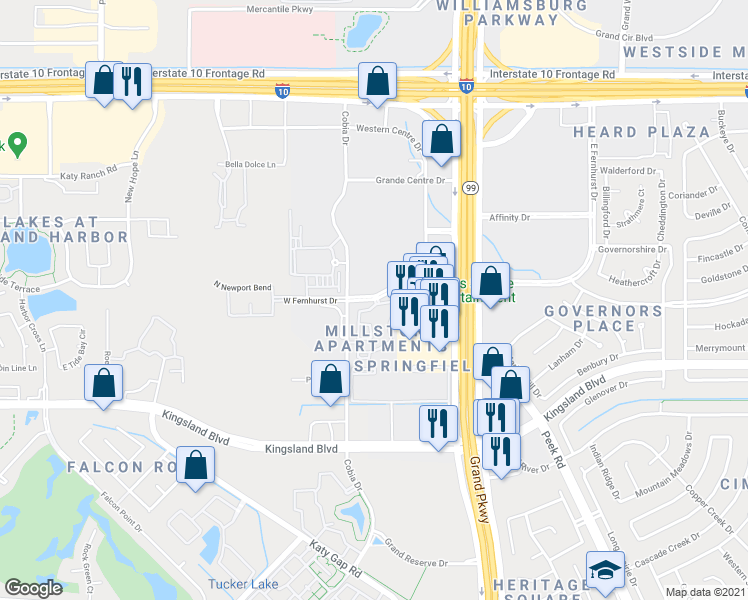 map of restaurants, bars, coffee shops, grocery stores, and more near 23406 West Fernhurst Drive in Katy