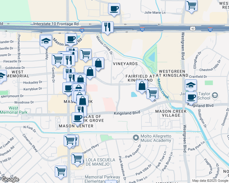 map of restaurants, bars, coffee shops, grocery stores, and more near 21601 Provincial Boulevard in Katy