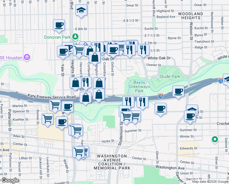 map of restaurants, bars, coffee shops, grocery stores, and more near 404 Oxford Street in Houston