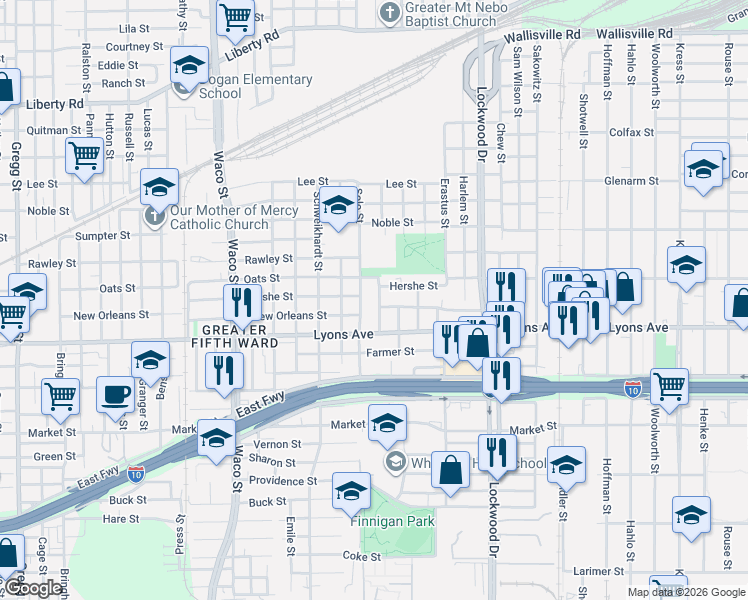 map of restaurants, bars, coffee shops, grocery stores, and more near 1719 Simpson Street in Houston