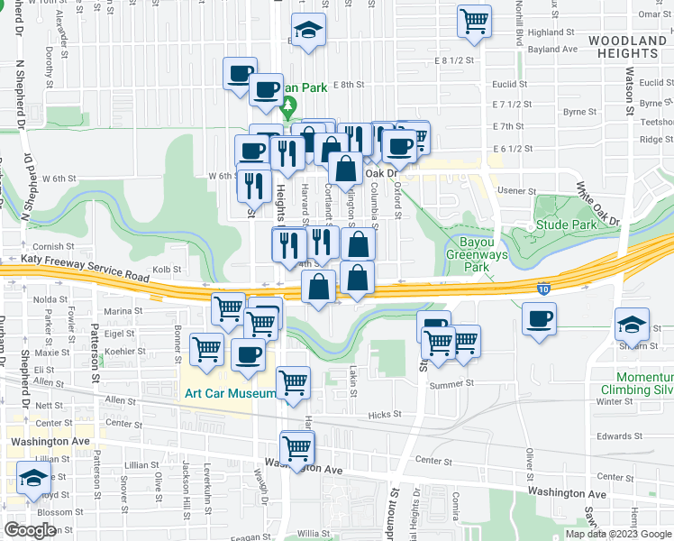 map of restaurants, bars, coffee shops, grocery stores, and more near 402 Arlington Street in Houston