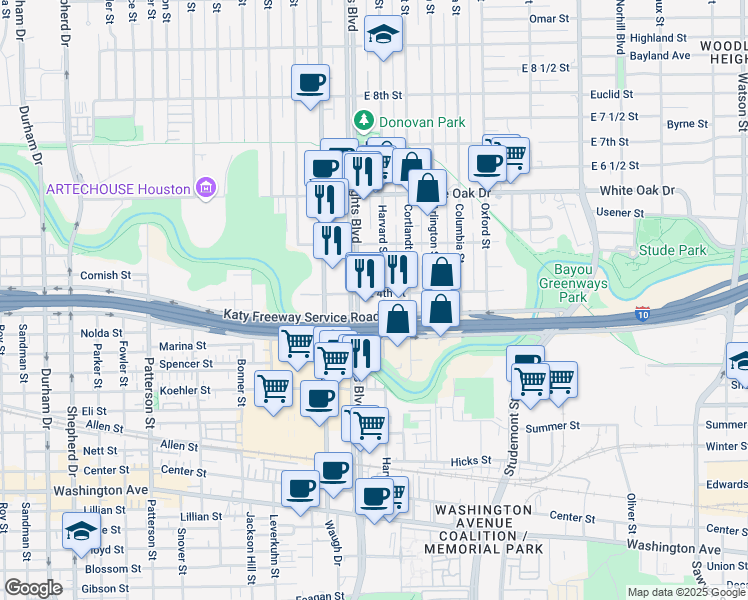 map of restaurants, bars, coffee shops, grocery stores, and more near 402 Heights Boulevard in Houston