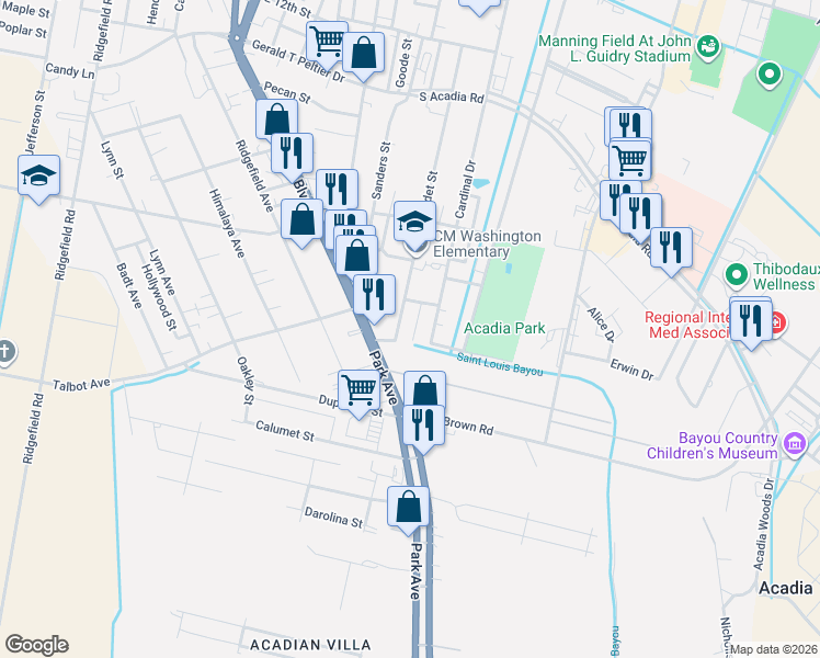 map of restaurants, bars, coffee shops, grocery stores, and more near 1516 Bell Street in Thibodaux