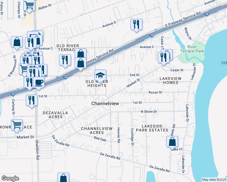 map of restaurants, bars, coffee shops, grocery stores, and more near 16219 Market Street in Channelview
