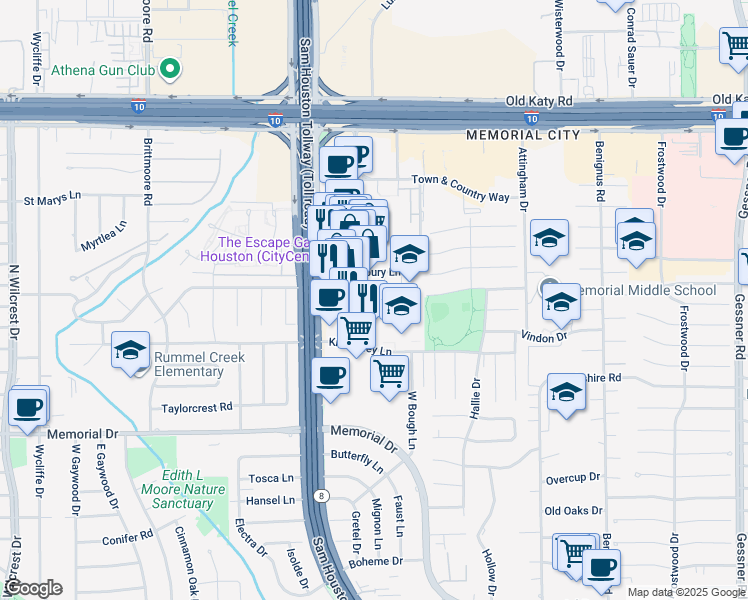 map of restaurants, bars, coffee shops, grocery stores, and more near 750 Town and Country Boulevard in Houston