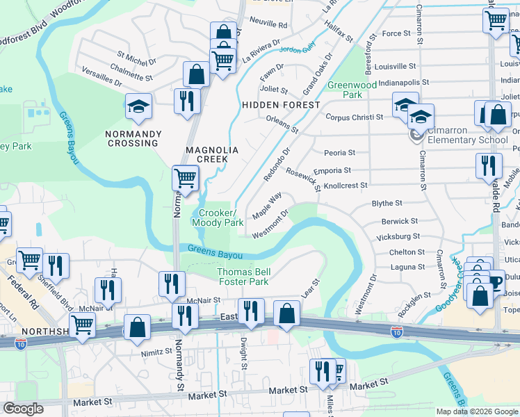 map of restaurants, bars, coffee shops, grocery stores, and more near 606 Maple Way in Houston