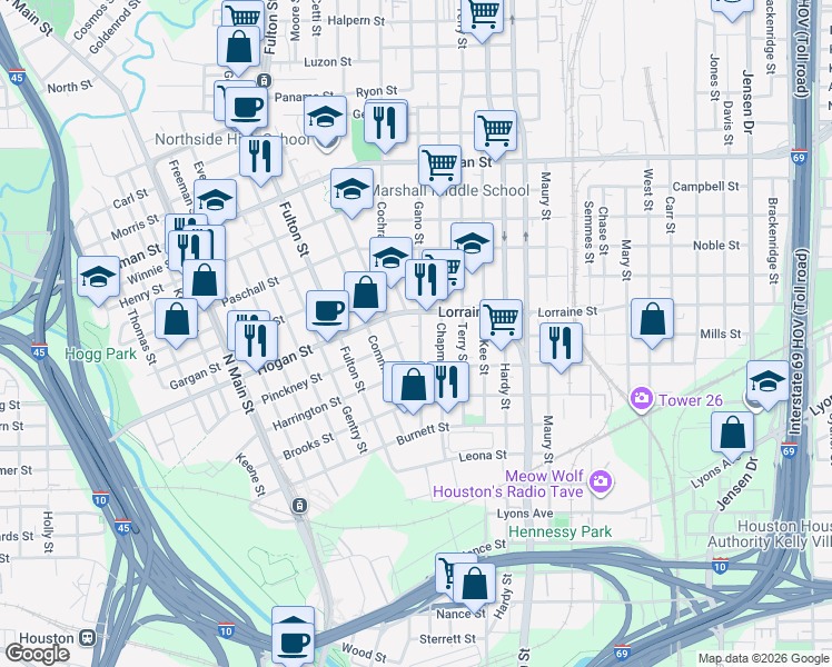 map of restaurants, bars, coffee shops, grocery stores, and more near 1817 Gano Street in Houston