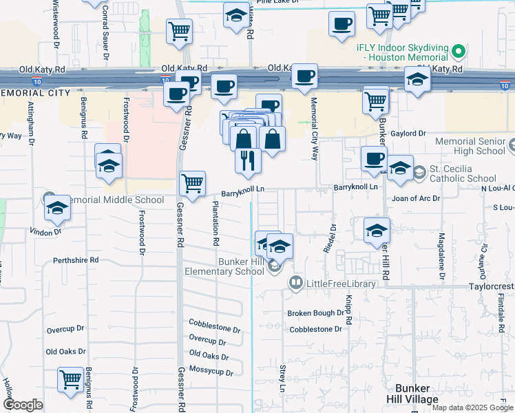 map of restaurants, bars, coffee shops, grocery stores, and more near 616 Bettina Court in Houston