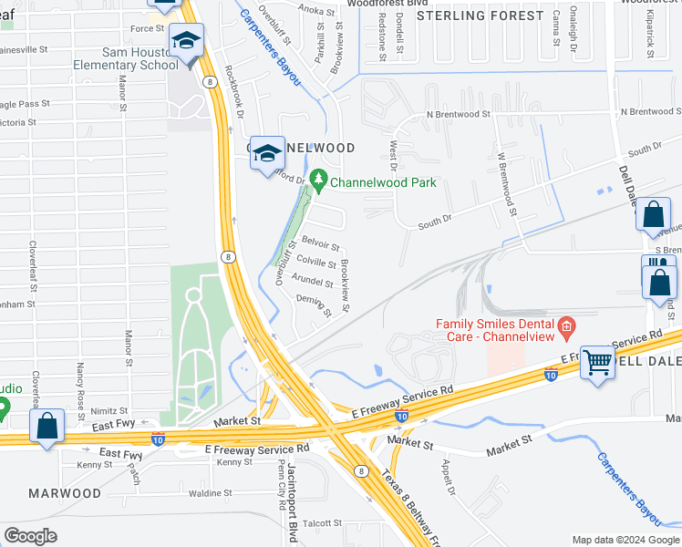 map of restaurants, bars, coffee shops, grocery stores, and more near 14958 Colville Street in Channelview