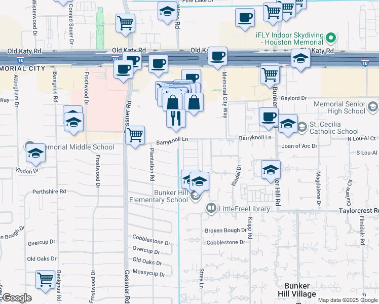 map of restaurants, bars, coffee shops, grocery stores, and more near 616 Bettina Court in Houston