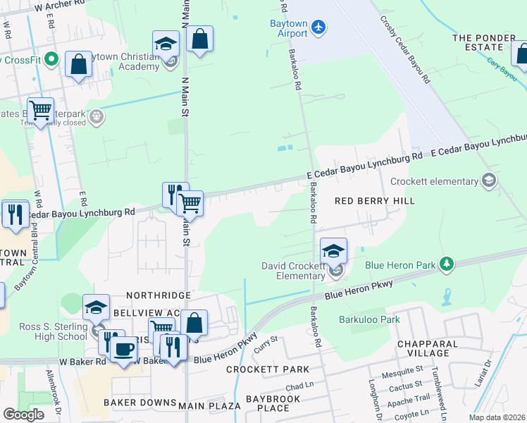 map of restaurants, bars, coffee shops, grocery stores, and more near 623 Barkaloo Road in Baytown