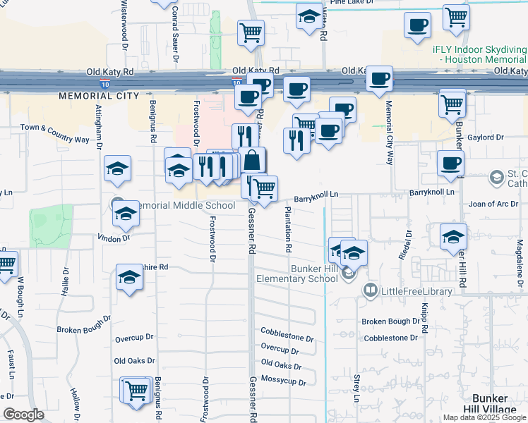 map of restaurants, bars, coffee shops, grocery stores, and more near 800 Gessner Road in Houston
