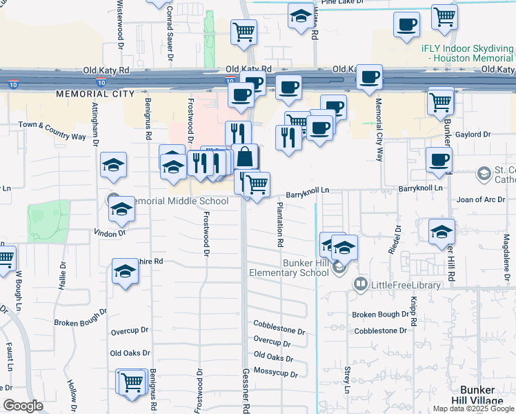 map of restaurants, bars, coffee shops, grocery stores, and more near 820 Gessner Road in Houston