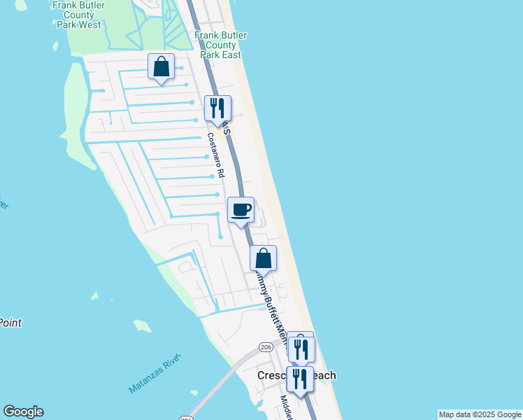 map of restaurants, bars, coffee shops, grocery stores, and more near 6300 A1A South in St. Augustine